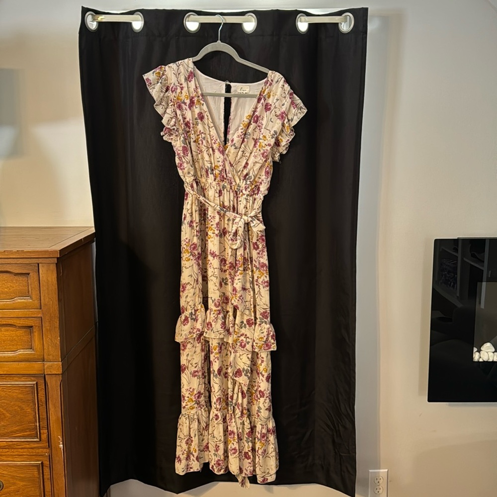 Printed, ruffle maxi dress